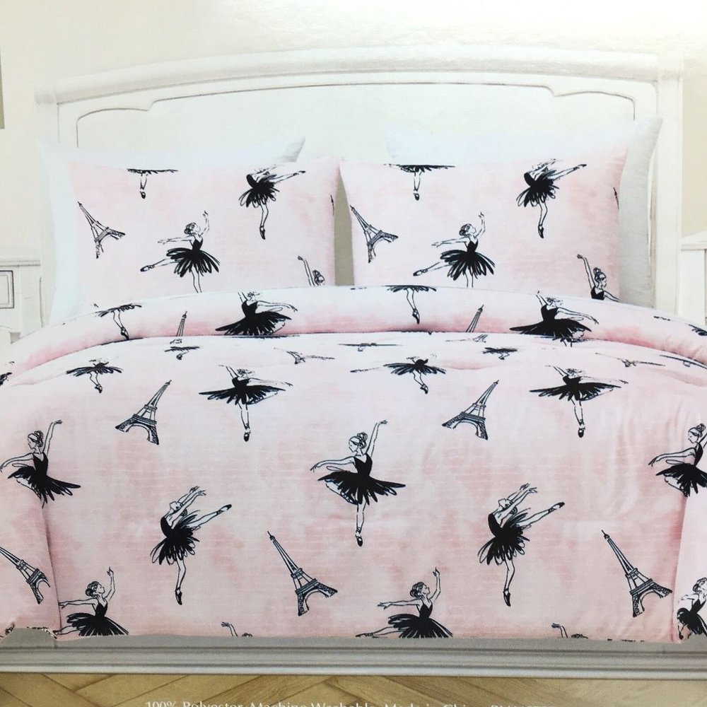 2pc Nicole Miller Ballerina Eiffel Tower Twin Comforter Set Paris Black Ballet